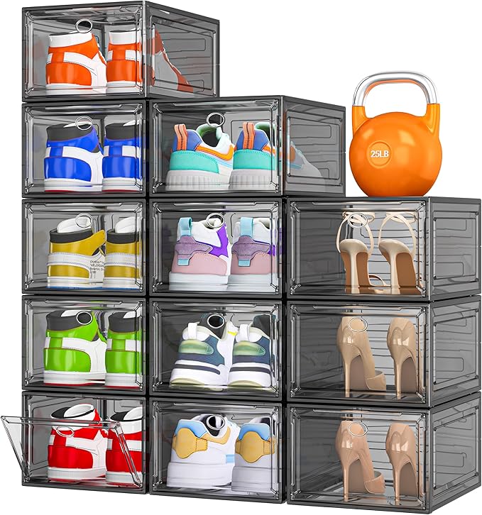 12 Pack Clear Shoe Storage Organizer with Magnetic Door, Stackable Plastic Shoe Boxes for Sneakers, Boots, and Heels, Space-Saving Foldable Shoe Rack for Closet, Durable Shoe Cabinet Organizer, Black