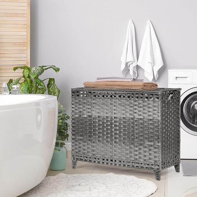 Laundry Hamper with 4 Removable Liner Bags; 176L Handwoven Rattan Laundry Basket with Lid & Heightened Feet; Clothes Hamper with Side Handles(Gray)