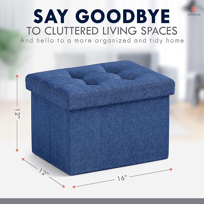 Ornavo Home Small Storage Ottoman, Set of 2, Foldable Collapsible Rectangle Linen Ottoman Foot Rest Stool Seat, for Living Room, Bedroom, Home Office, Dorm - 12 x 16 x 12, Navy Blue