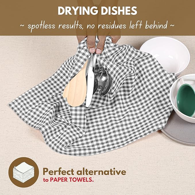 Native Fab 12 Pack Gingham Mini Check Kitchen Dish Towel Cotton Durable Washable 16"x26" - Tea Towels, Soft Absorbent Wash Cloths, Multi Purpose Towels with Hanging Loop - Grey White