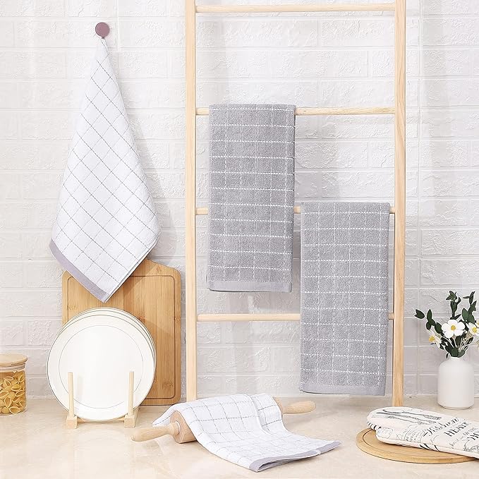 Homaxy 100% Cotton Terry Kitchen Towels(Mixed Color, 13 x 28 Inches), Checkered Designed, Soft and Super Absorbent Dish Towels, 6 Pack