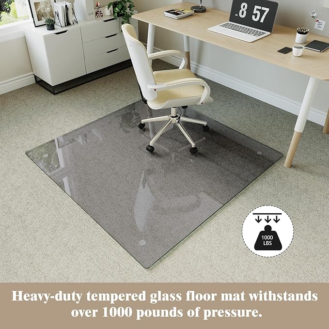 Koonmi Tempered Glass Chair Mat for Hardwood Floors & Carpets, 46" x 46“ Grey Heavy Duty Office Floor Protector with Noise-Free Gliding Shatterproof for Home Office Desk