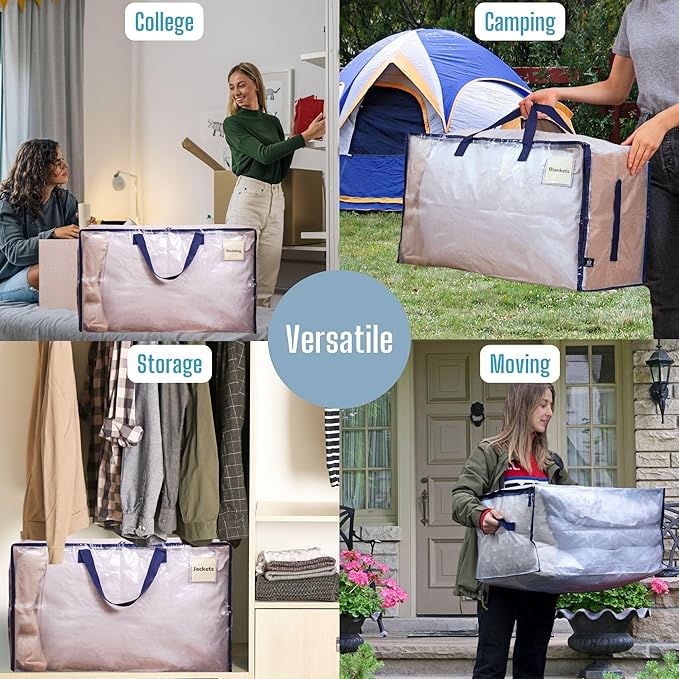 VENO 6 Pack Moving and Storage Bags, Heavy Duty, Alternative to Moving Boxes, Large Packing Totes Supplies for College Dorm Room with Zipper for Clothes, Wide Open Design (Clear, 6 Pack)