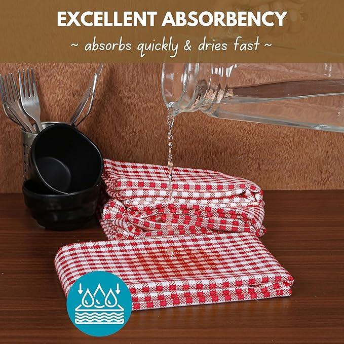 Native Fab 12 Pack Gingham Check Kitchen Towels 16"x26" - Mini Plaid Cotton Dish Towels Washable - Absorbent Tea Towel, Soft Hand Towel with Hanging Loop, Dish Cloth Set - Red White