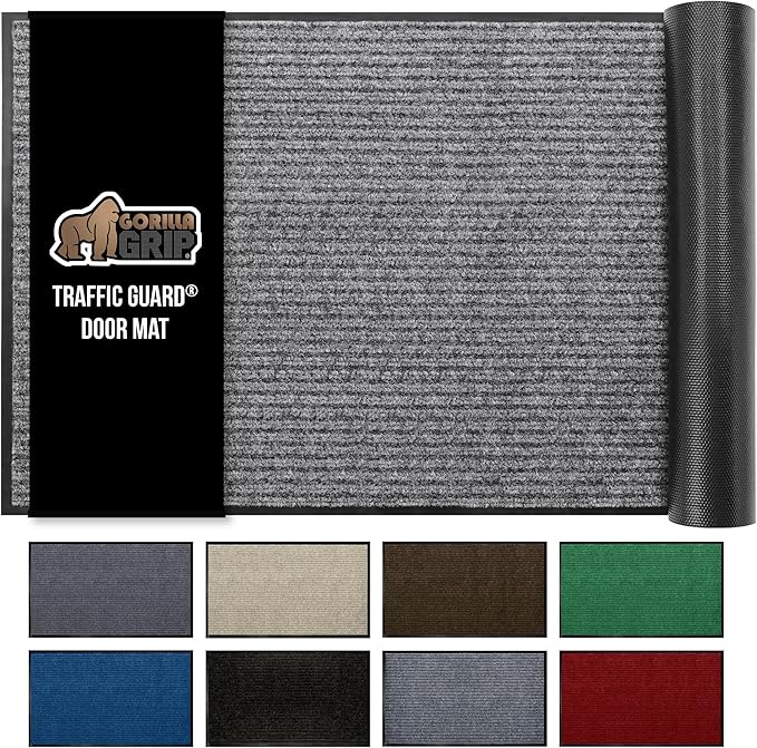 GORILLA GRIP Traffic Guard Door Mat, Heavy Duty Welcome Mats, Commercial Office Space Doormat, Waterproof, Fade Resistant, Strong Rubber Backing, Low Profile, Shoe and Boot Scraper, 35x23, Light Gray