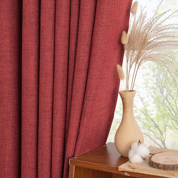 YoungsTex Red Linen Curtains 40 Inch Long for Kitchen, Small Semi Sheer Drapes with Rod Pocket Back Tab Light Filtering Christmas Decor for Bathroom Cafe Short Window, 2 Panels, 42 X 40 Inch