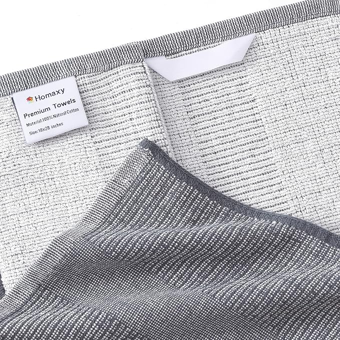 Homaxy Premium Kitchen Towels(18”x 28”, 8 Pack), Large Cotton Kitchen Hand Towels, Flat and Terry Dish Towels, 380 GSM Highly Absorbent Tea Towel Set with Hanging Loop, Grey