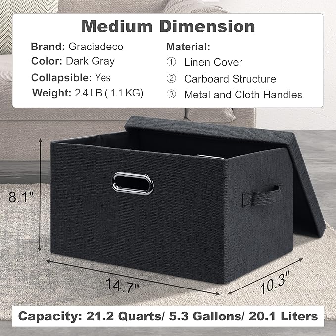 Medium 15" 21 Quart Collapsible Stackable Storage Bins with Lids, 5 Packs Dark Gray Foldable Fabric Closet Storage Boxes with Lids, Lidded Heavy-duty Linen Baskets(15x11x8)
