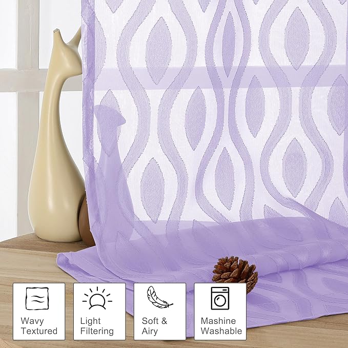 Aiyufeng Light Purple Sheer Curtains 72 Inches Long 2 Panels Set, Elegant Light Filtering Transparent Curtain Draperies for Bedroom Living Room, Classic Clip Wavy Line Door Curtains, 40Wx72L Inch
