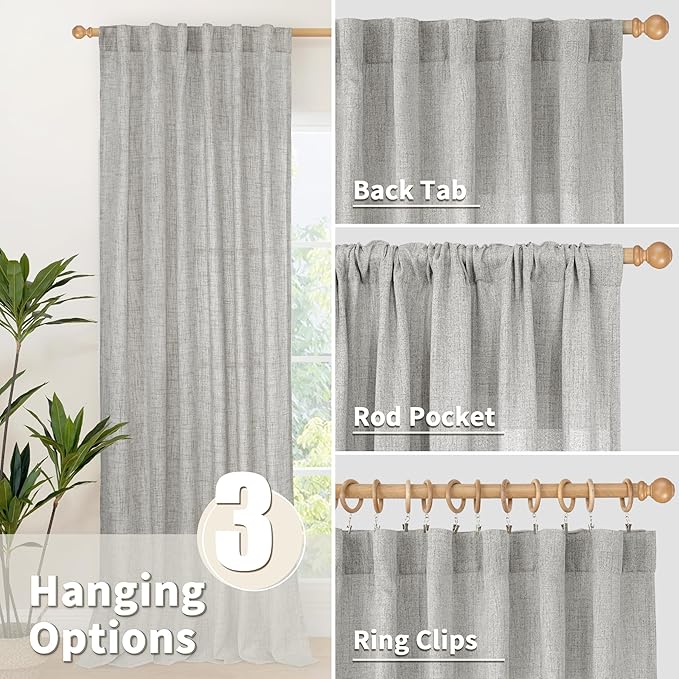 YoungsTex Dark Grey Linen Curtains 63 Inch Length 2 Panels for Living Room, Light Filtering Semi Sheer Drapes Back Tab/Rod Pocket for Bedroom Country Lightweight Window Treatments, 52 X 63 Inch