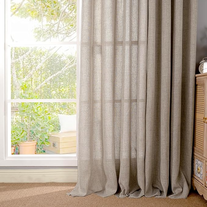YoungsTex Dark Oatmeal Linen Curtains 63 Inch Length for Living Room, Semi Sheer Light Filtering Window Drapes Extra Wide Rod Pocket Back Tab Curtain for Bedroom, 2 Panels, 60 X 63 Inch