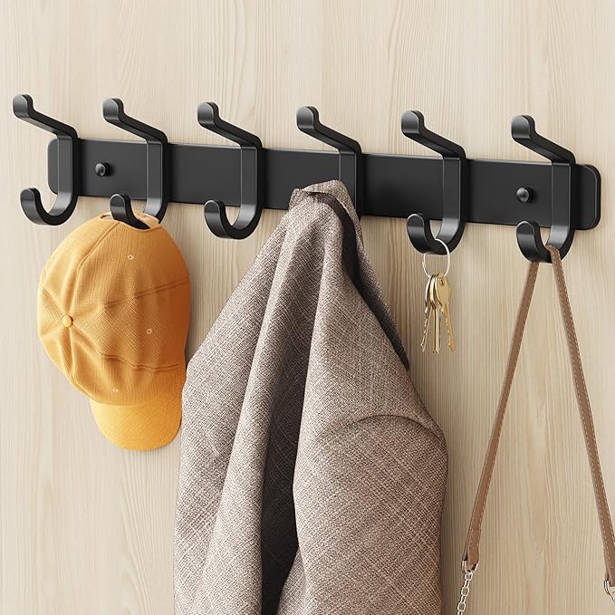 Coat Rack Wall Mounted Heavy-Duty: Metal Coat Hanger 6 Hooks for Hanging Hat, Clothes, Robe, Keys, Backpack, Bathroom Towels, Jacket, Purse - Closet, Door, Entryway, Mudroom (Black, 2 Pack)