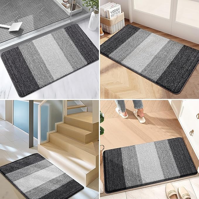 Kitinjoy Indoor Outdoor Door Mat, 24x16 Non-Slip Absorbent Dirt Trapper, Low-Profile Washable Inside Entrance Front Floor Mat, Sturdy Soft Entry Doormats for Entryway, Grey