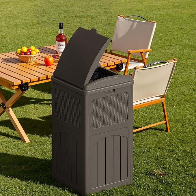 Devoko 33 Gallon Outdoor Trash Can with Dual Lid, Heavy Duty Waterproof Resin Garbage Bins Outside, Hideaway Waste Bins for Patio, Outside Pool, Backyard and Deck (2, Deep Brown)