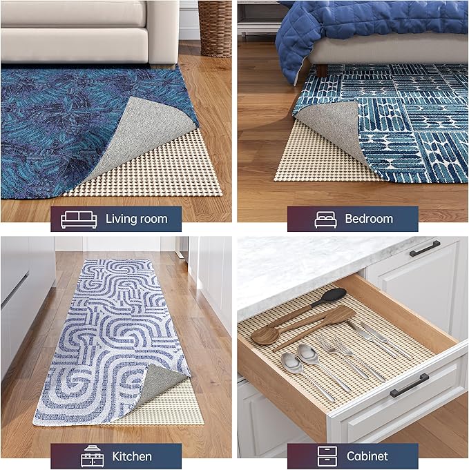 Non-Slip Rug Pad Gripper 3x5 Feet, Anti Skid Mat for Under Area Rugs, Keeps Rugs in Position and Safe, Thick Cushioned Carpet Pad for Hardwood Floors Protection