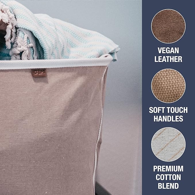 CleverMade Collapsible Laundry Basket Hamper - LUXE Cream Herringbone 2Pack 60L -SpaceSaving Storage Organizer with Handles Foldable Home Organization
