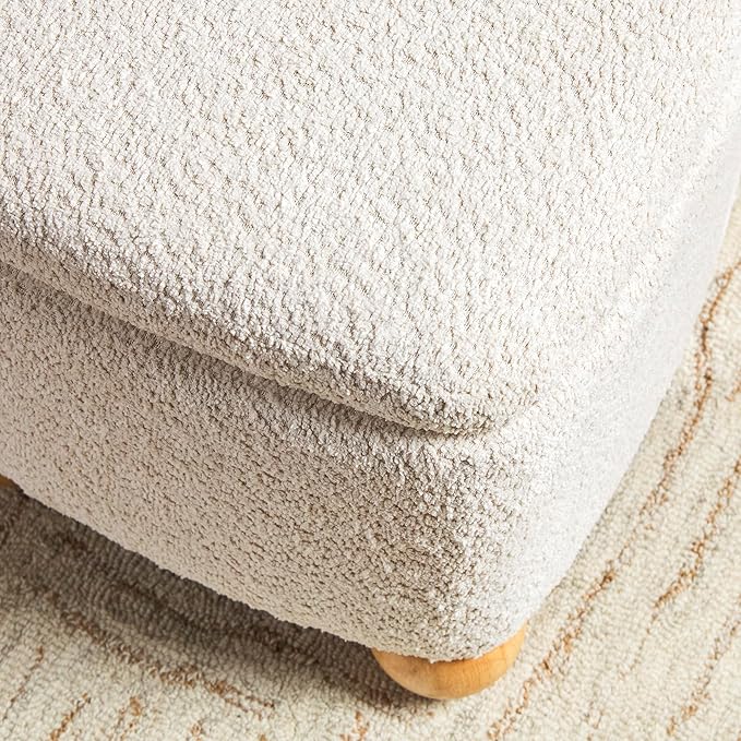 Walker Edison Linley Contemporary Small Storage Bouclé Ottoman with Wood Legs, Ivory