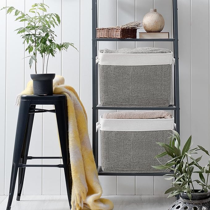 TcaFmac Organization and Storage Basket for Organizing - 16x12x12 inch Large 2 Pack Collapsible Storage Bins for Shelves, Fabric Storage Cubes for Box Closet Cloth Toy Books Kids (White & Grey)