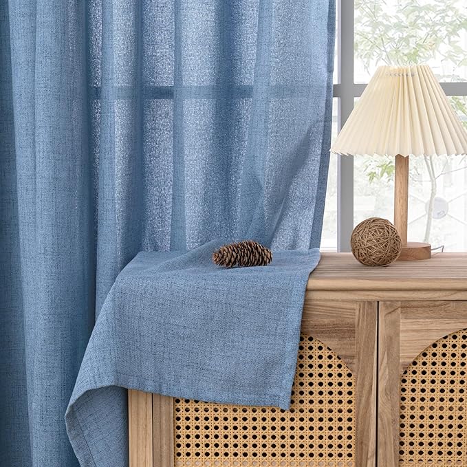 YoungsTex Denim Blue Linen Semi Sheer Curtains 84 Inches Long for Living Room 2 Panels, Light Filtering Drapes with Rod Pocket Back Tab Privacy for Bedroom Dining Room Office, 52 x 84 Inch
