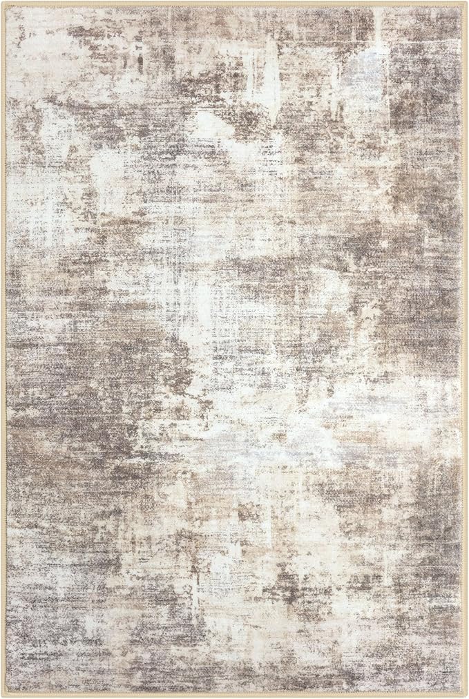 IOHOUZE Abstract Area Rugs 8x10 Ft Washable Large Rugs for Living Room, Non Slip Dining Room Rug, Printed Faux Wool Rugs for Bedroom, Floor Carpet for Office Nursery Playroom, Beige Brown
