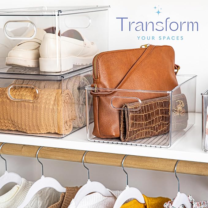 Plastic Food Storage 4 Pack Clear Container Bin with Handles for Organizing Kitchen, Pantry, Refrigerator, Freezer, Pantry, Cabinet, Closet, Bathroom 10”x8”x5”