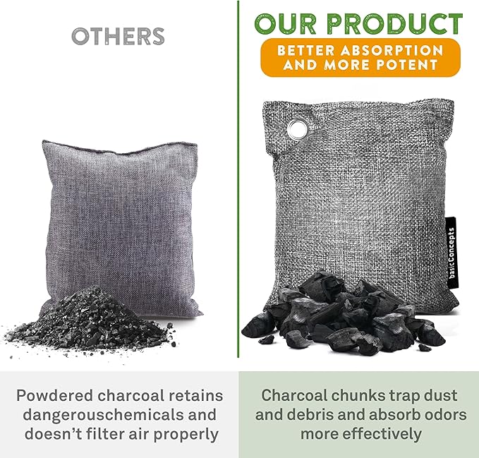 Charcoal Odor Absorber for Strong Odor (6 Pack, 100g each), Bamboo Charcoal Air Purifying Bag, Basement Musty Odor Eliminator Deodorizer, Activated Charcoal Odor Absorber for Closet, Shoe, Car