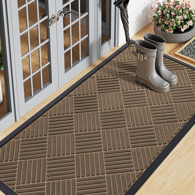 Smiry Front Door Mat Outside Entrance, Heavy Duty Outdoor Indoor Natural Rubber Doormat, Non Slip, Trap Dirt and Moisture, Easy Clean, Low Profile Patio Porch Entryway Mat, 59x20, Brown
