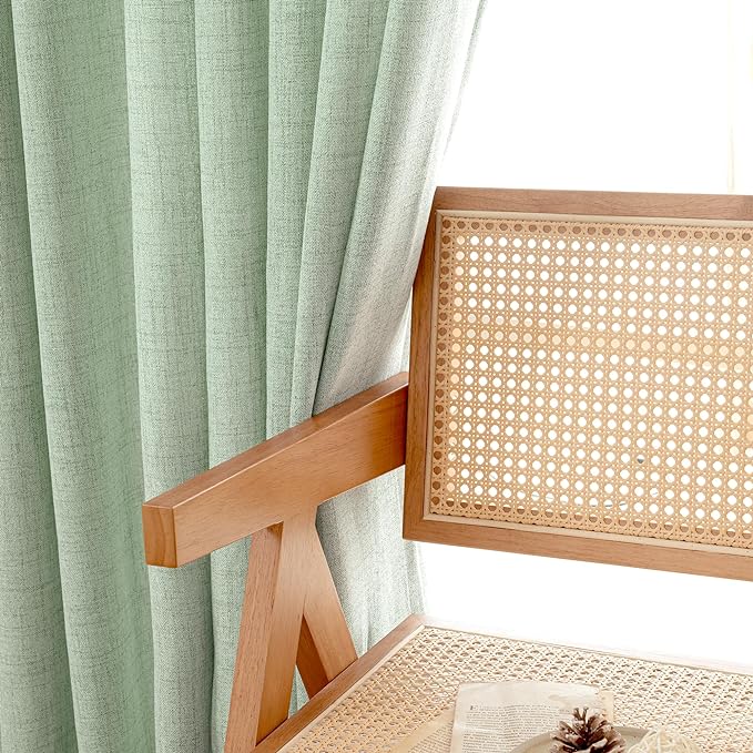 YoungsTex Sage Green Short Linen Curtains 48 Inch Length for Kitchen, Semi Sheer Small Window Drapes Rod Pocket Back Tab Light Filtering for Living Room Cafe Spring Decor, 2 Panels, 42 X 48 Inch