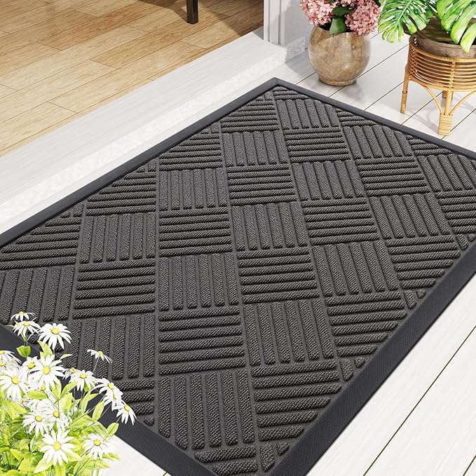 Smiry Front Door Mat Outside Entrance, Heavy Duty Outdoor Indoor Natural Rubber Doormat, Non Slip, Trap Dirt and Moisture, Easy Clean, Low Profile Patio Porch Entryway Mat, 47x23, Grey