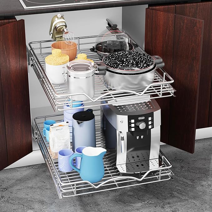 HOLDN’ STORAGE Two Tier Pull Out Cabinet Organizer, Individual Sliding Drawers - Heavy Duty Metal with Lifetime Limited Warranty - Anti Rust Chrome Finish - 24" W x 21”D x 16.5" H