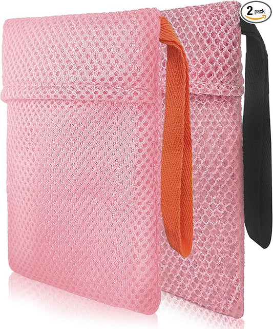 2 Pack Soap Bag Different Roughness Deep and Gentle,Bar Soap Pouch Saver Pocket,Body Scrubber Shower Sponge Loofah,Exfoliating Bath Sponge (Pink)