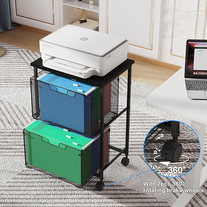 Letter/Legal Rolling File Cart with 2 Storage Drawers, Under Desk Storage, Vertical Filing Cabinet for Home Office, Hanging File Folders Organizer, Mobile Utility Cart Printer Stand, Black