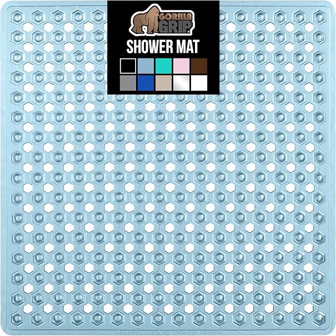 GORILLA GRIP Patented Square Shower Stall Mat, Small Bathtub Floor Mats for Stand Up Showers with Suction Cups and Drainage Holes, Machine Washable, Soft on Feet, Bathroom Accessories 21x21 Inch, Blue