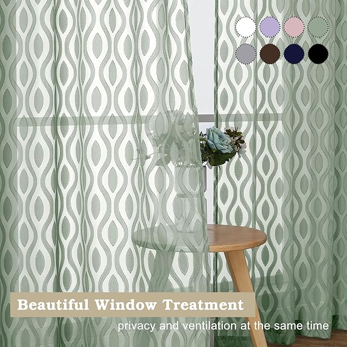 Aiyufeng Sheer Green Curtains 54 Inch Length 2 Panels, Soft Lightweight Clip Jacquard Textured Farmhouse for Bedroom, Modern Wavy Line Voile Sheer for Living Room, 40" Wx54 L Inches
