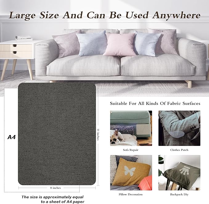Fine Linen Fabric Patches, Self-Adhesive - 8x11 inch, 2 Pack, Multi Color, For Sofa & Clothes Repair (Dark Grey, 8" x 11" - 2PCS)
