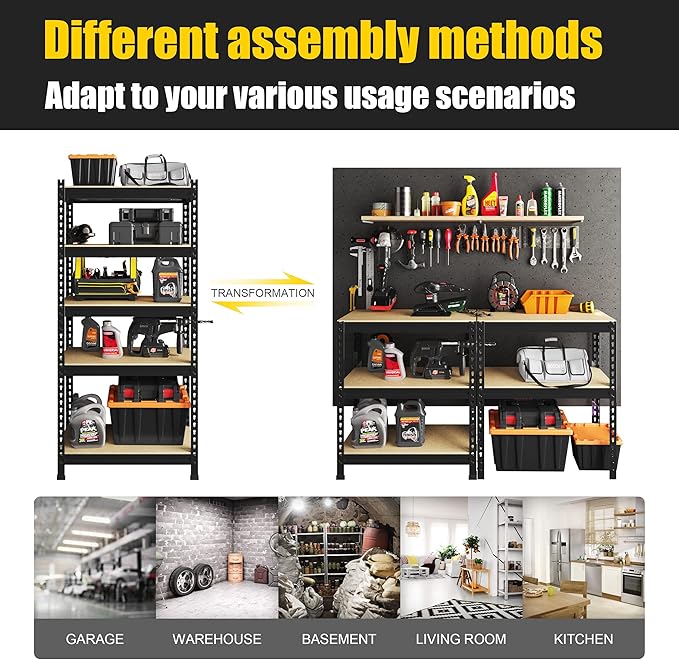 PrimeZone Storage Shelves 4 Pack 5 Tier Adjustable Garage Storage Shelving, Heavy Duty Metal Storage Utility Rack Shelf Unit for Warehouse Pantry Closet Kitchen, Black