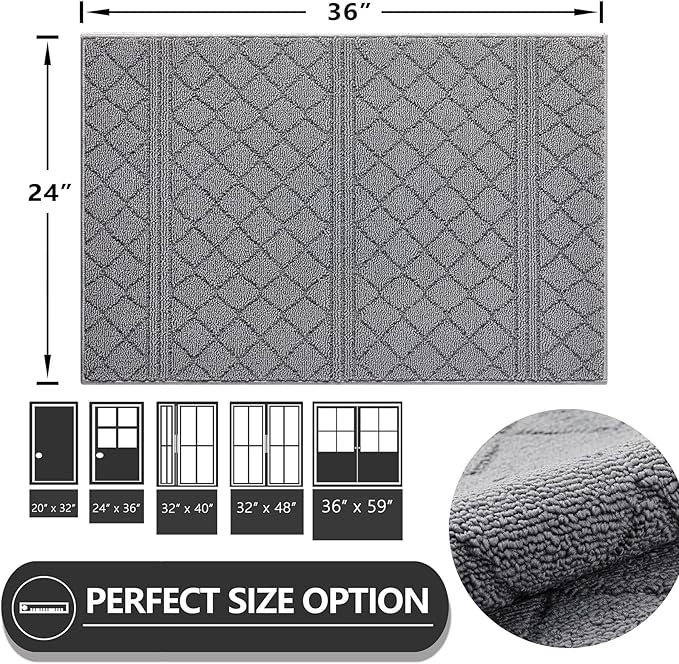 REFETONE Indoor Doormat, Front Back Door Mat 24"x36" Absorbent Rubber Backing Non Slip Door Mats, Low-Profile Resist Dirt Entrance Rugs, Machine Washable Door Rug Inside Floor Mat for Entryway, Grey