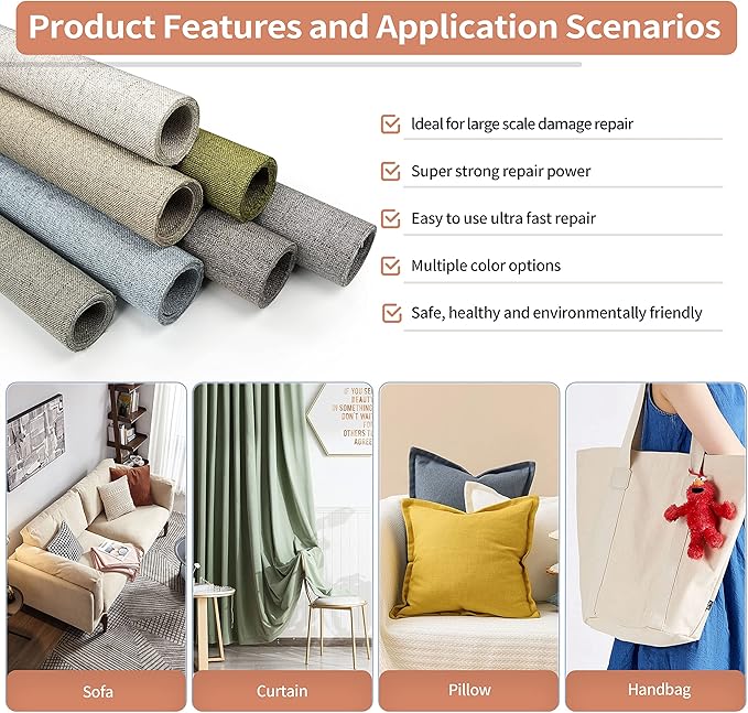 Fine Linen Repair Patches, Self-Adhesive Linen Fabric Patches, 12X40 inch Extra Size, Multi Color, Can be Used for Linen Sofa Repair and Linen Clothes Repair(12" x 40",Rice Coffee)