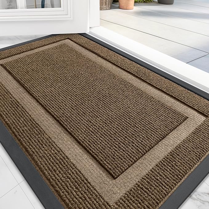 OLANLY Front Door Mat Indoor Outdoor Entrance, Waterproof All-Season, All-Weather Doormat, Sturdy Natural Rubber, Fade Resistant, Low Profile, Easy Clean Patio Porch Entryway Mat, 47x24, Brown