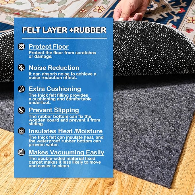 Non-Slip Rug Pads 1/4” Thick, 9x12Ft Waterproof Rugs Non Skid Rug Pad for All Floors and Finishes Durable Hardwood Floor Protective Felt Keeps Rugs in Place, Safe and Secure