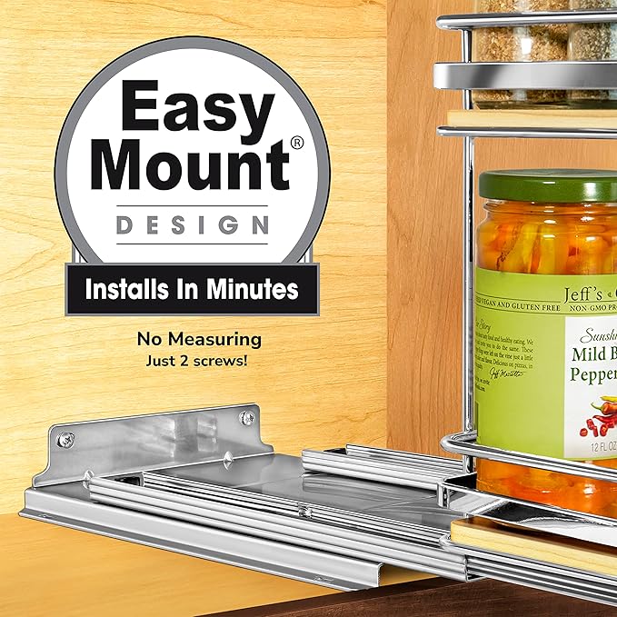LYNK PROFESSIONAL® Élite™ Pull Out Spice Rack Organizer for Inside Kitchen Cabinets - 8-1/4 inch Wide - Slide Out Drawer – Wood/Chrome Sliding Spice Cabinet Organization Shelf Racks - 2 Tier