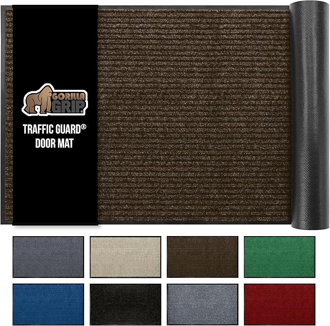 GORILLA GRIP Traffic Guard Door Mat, Heavy Duty Welcome Mats, Commercial Office Space Doormat, Waterproof, Fade Resistant, Strong Rubber Backing, Low Profile, Shoe and Boot Scraper, 35x23, Brown