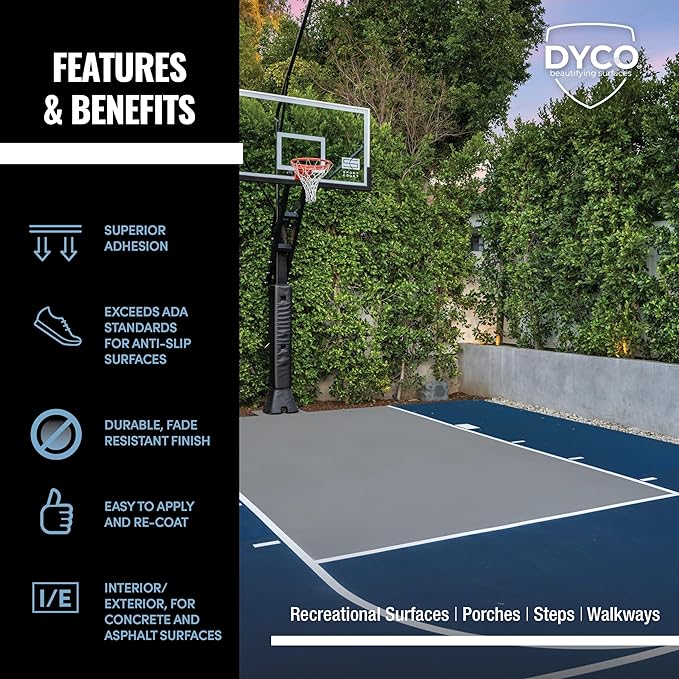 DYCO Court & Floor Anti-Slip Coating - Slip-Resistant Pavement, Cement & Concrete Paint for Pickleball, Tennis & Basketball Courts, Exceeds ADA Standards for Safety Areas (Stone Gray, 5 Gallons)