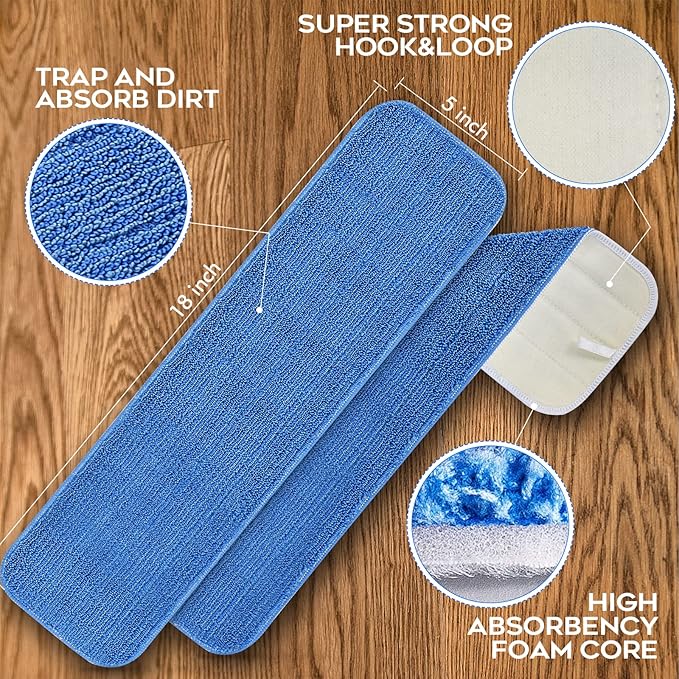 Matthew 18'' Microfiber Spray Mop Replacement Pads Heads for Wet Dry Reusable Mops Floor Home Commercial Cleaning Refills, Machine Washable Fits Compatible with Bona Mop&Most Spray Mops Blue (3 Pack)