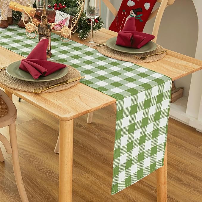 Waterproof Checkered Tablecloth Runner Fabric - Rectangle 12x108 Inch Classic Gingham Buffalo Plaid Table Cloth for Indoor/Outdoor Use - Table Cover for Kitchen, BBQs, and Parties