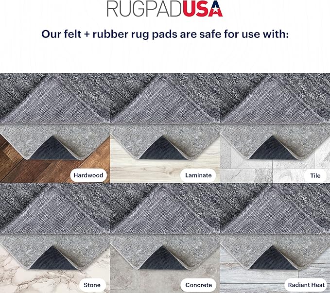 RUGPADUSA - Dual Surface - 5'x8' - 3/8" Thick - Felt + Rubber - Enhanced Non-Slip Rug Pad - Adds Comfort and Protection - for Hard Surface Floors