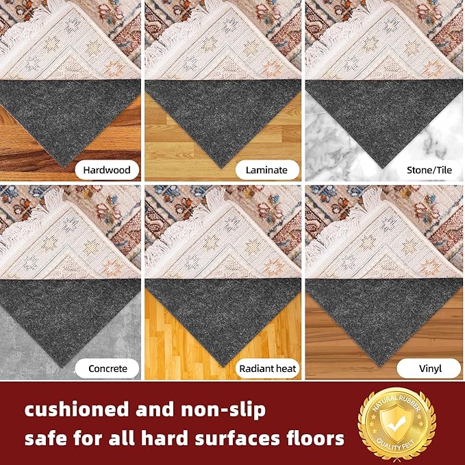 BAGAIL Felt and Natural Rubber Backing Rug Pads 1/4” Thick, 2 x 6 Ft Non Slip Carpet Gripper Keep Rugs in Place, Under Area Rug Protective Cushioned Pads, Carpet Runners, Hardwood Floors Protection