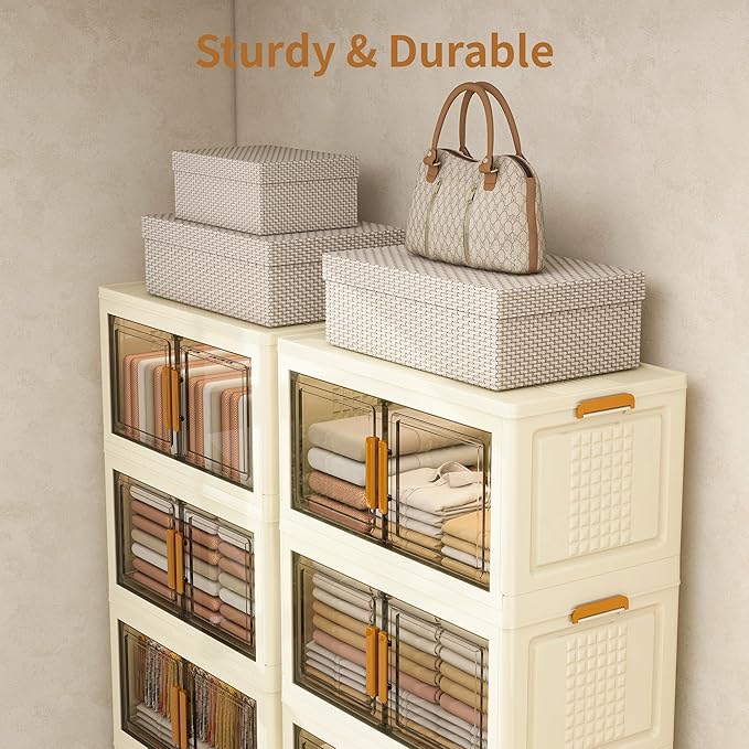 Plastic Stackable Storage Bins with Lids and Wheels, Foldable Closet Organizers and Storage Containers for Bathroom, Collapsible Clear Drawer Storage Cabinet with Doors White 38Gal 3Tiers
