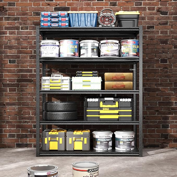 72" H Garage Shelving, Metal Storage Shelves, Adjustable 5 Tier Storage Rack, Heavy Duty Shelving, Industrial Utility Shelf for Garage, Warehouse, Bedroom, Kitchen,16" D×36" W×72" H, Black