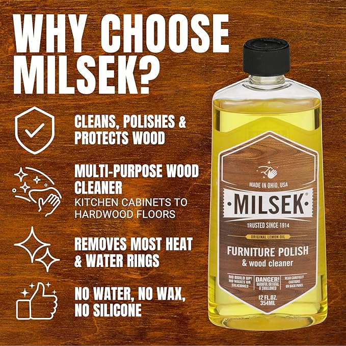 Milsek Furniture Polish and Wood Cleaner with Lemon Oil - Multipurpose Solution for Home Improvement from Hardwood Floors to Kitchen Cabinets - 12 Fl Oz (Pack of 4)